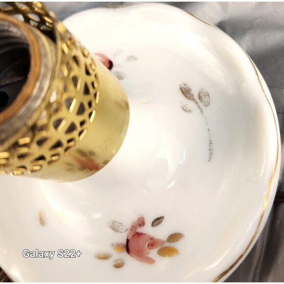 Vintage White Milk Glass Table Lamps With Pink Rose Floral Design & Brass Accent - Picture 4 of 16